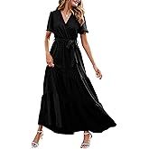 MASCOMODA Womens Summer Swiss Dot Maxi Dressses Wrap V Neck Flutter Short Sleeve Boho Casual Flowy Long Wedding Guest Dress