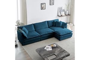 KIVENJAJA Chenille L-shaped Modular Sectional Sofa, 3-Seater Comfy Cloud Couch with Ottoman/Chaise & 5 Pillows for Living Room Bedroom Office Apartment, 111.5”W, Blue
