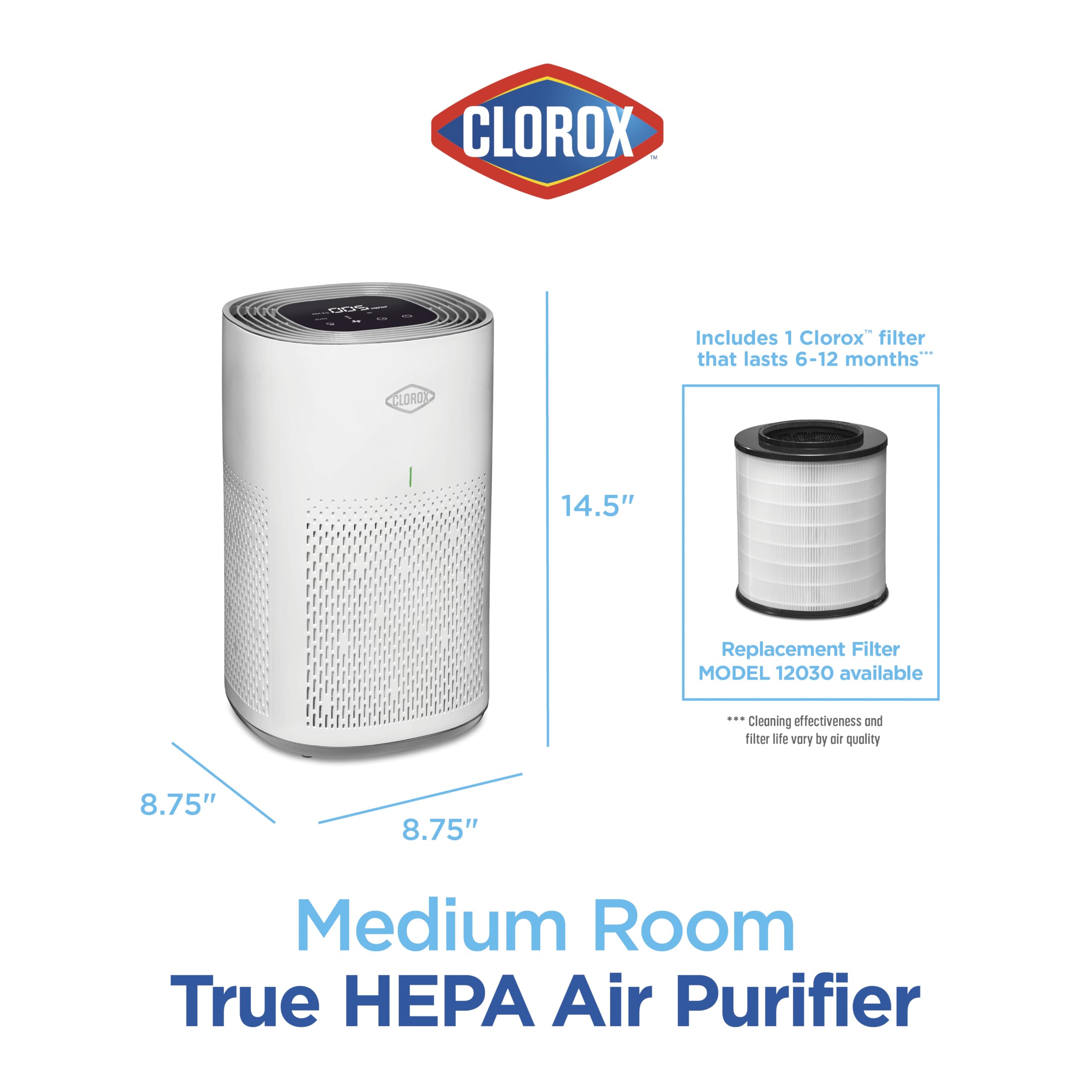 Clorox Air Purifiers for Home, True HEPA Filter, Medium Rooms Up to 1,000 Sq Ft, Removes 99.9% of Mold, Viruses, Wildfire Smoke, Allergens, Pet Allergies, Dust, AUTO Mode, Whisper Quiet
