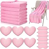 Fanfanwin 18 Pcs Kids Sleepover Party Supplies Set for Girls Fleece Soft Blankets Fluffy Heart Throw Pillow Plush Sleep Eye Mask for Spa Camping Birthday Favors(Light Pink)