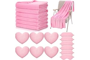 Fanfanwin 18 Pcs Kids Sleepover Party Supplies Set for Girls Fleece Soft Blankets Fluffy Heart Throw Pillow Plush Sleep Eye Mask for Spa Camping Birthday Favors(Light Pink)
