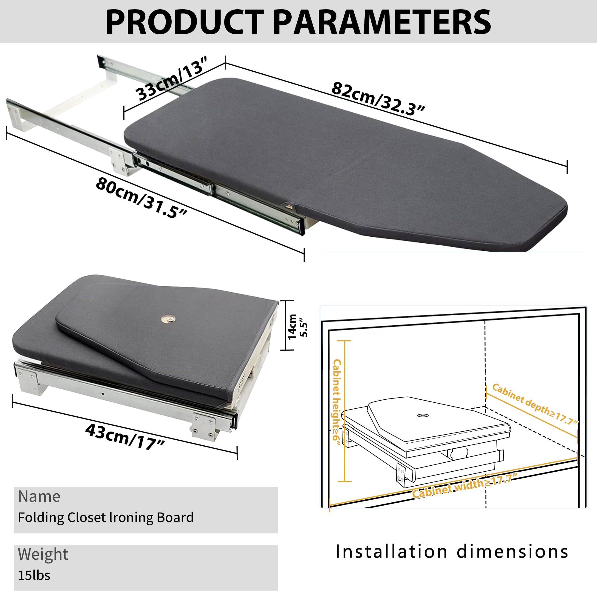 AKOZLIN Retractable Pull Out Ironing Board Closet Sliding Out Swivel Iron Board Mounted in Drawer with Heat Resistant Ironing Cover, Board Size: 31.88