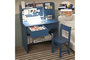 SFDOU Kids Study Desk with 3-Color Lights, Blue Desk and Chair Set for 5-12 Year Old, Drawing Desk with Wooden Tabletop Paper Roll Dispenser, Study Table with Drawers and Storage Shelf-U040