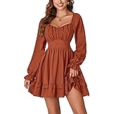 KIFOVEN Women's Lantern Long Sleeve Smocked Wrap Tiered Ruffle Flowy A Line Short Mini Dress