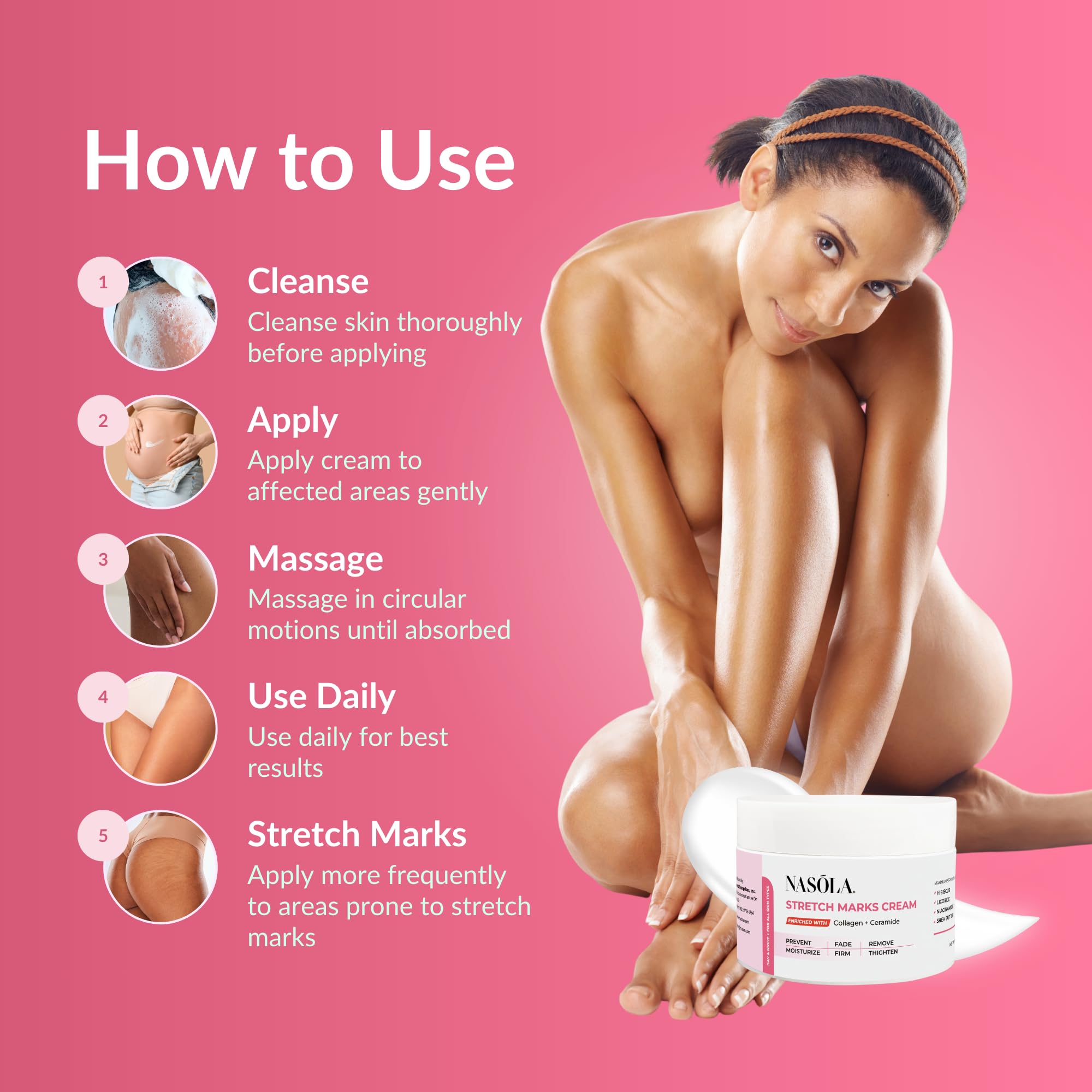 Nasola Stretch Mark Cream for Pregnancy, Eliminate and Prevent Deep Stretch Marks, Moisturizer Belly Cream for Pregnancy and Scars Removal With Enriched Collagen and Ceramide, 4.23 Oz
