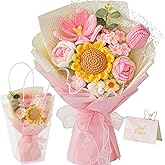 Cilimnas Crochet Flower Bouquet,Pink Knitted Flowers, Handmade Sunflowers Tulips Roses Bouquet for Birthday Anniversary Party Mother's Day Graduation Gifts