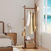Taitiy Coat Rack Freestanding Clothing Rack with 2 Shelves Storage & 5 Hooks Heavy Duty Clothes Rack Wood Coat Tree Stand Hat Hanger Rack (Walnut Brown, 18.9" x 11.8" x 70" (No Wheels))