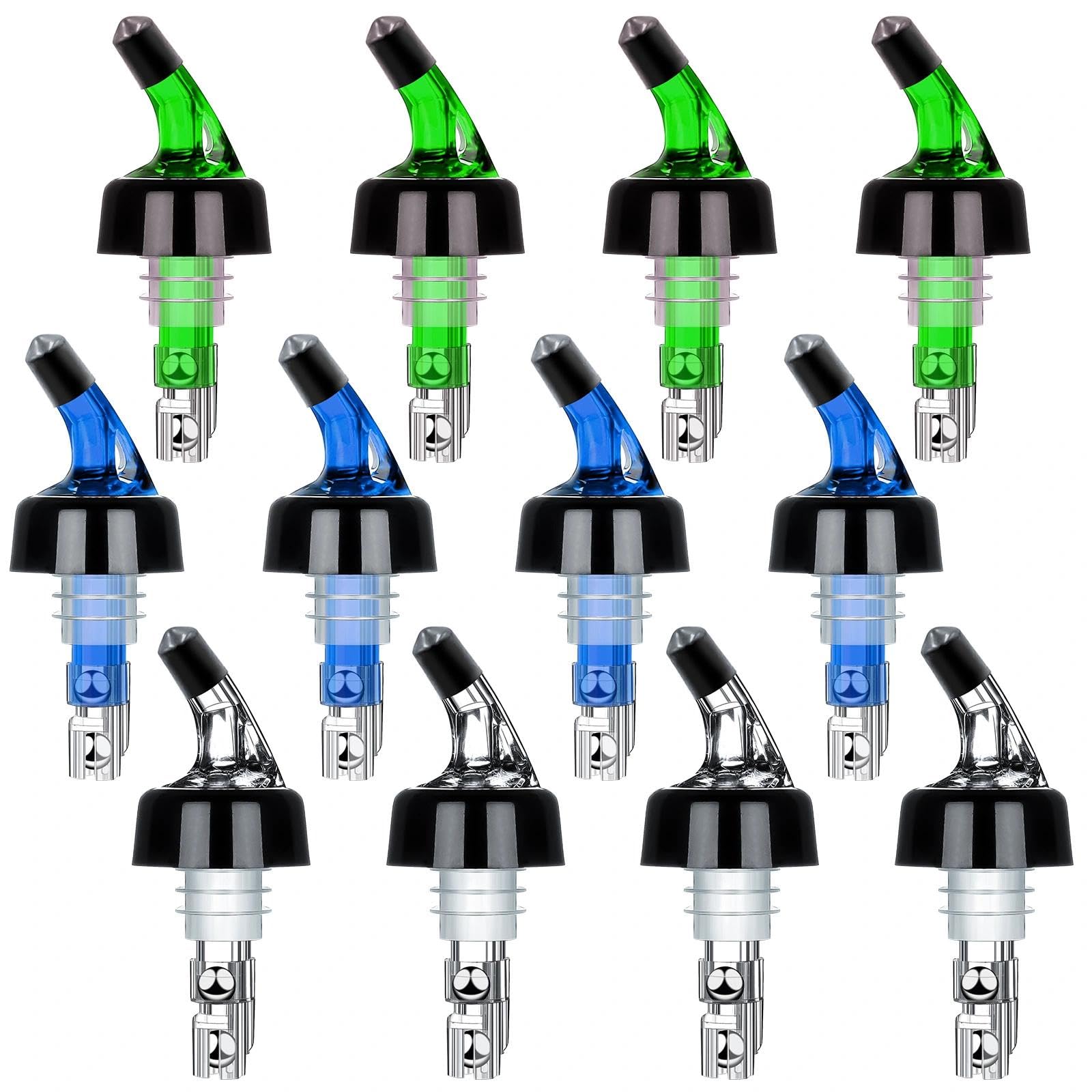 Measured Liquor Bottle Pourers 1oz Set of 12 Spirits Alcohol Pourers Automatic Measuring Wine Spouts Drink Liquor Shot Measure Dispenser for Cocktail Home Bar (4 Clear, 4 Green, 4 Blue)
