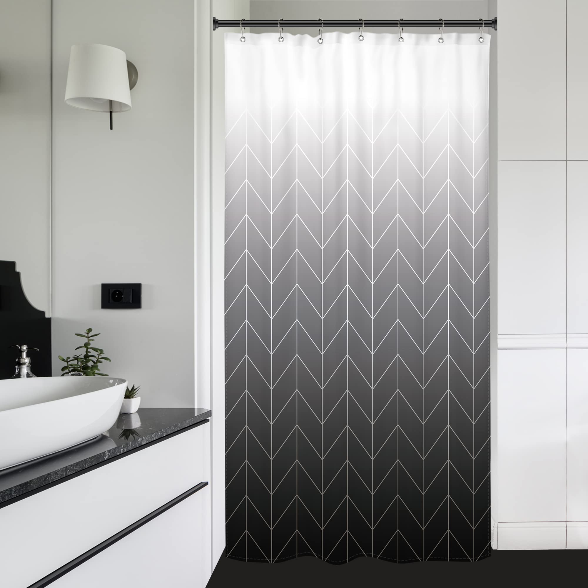 Photo 1 of Riyidecor Small Stall RV Shower Curtain Black Grey White Half Ombre Herringbone Chevron 36Wx72H Inch Geometric Modern Narrow Walkin Single Fabric Decor Bathroom Polyester Waterproof 7 Pack Hooks