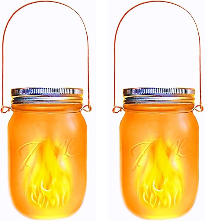 Solar Mason Jar Lights, 2 Pack LED Flickering Flame Effect Light, Solar