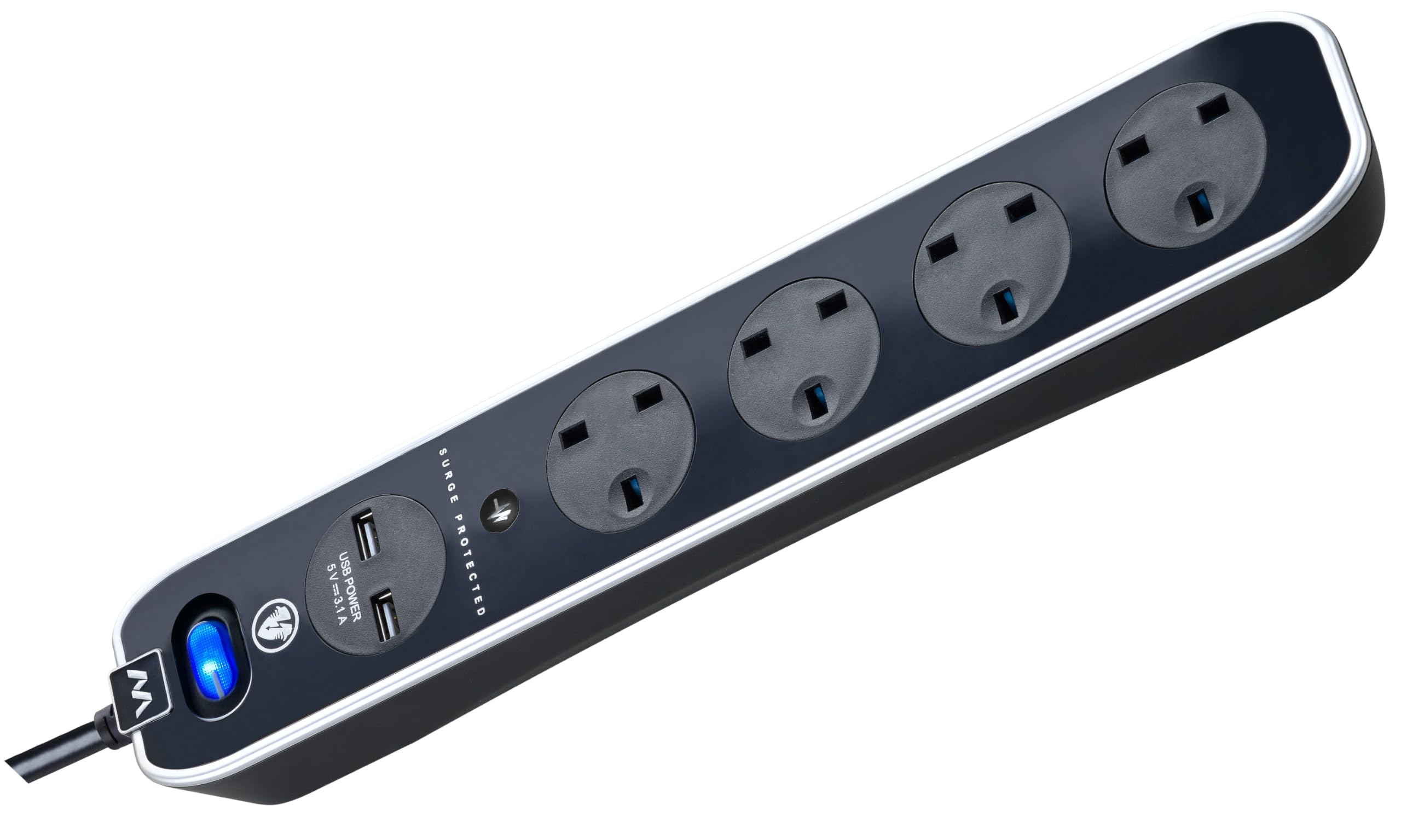 Masterplug Four Socket Switched Inline Power Surge Protected Extension Lead with Two USB Charging Ports, 2 Metres, Gloss Black