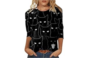 FARTEY 3/4 Length Sleeve Womens Tops Casual Pumpkin Cat Print Halloween Shirts Round Neck Loose Lightweight Fall Tops Blouses