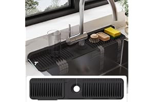 DOEKLPO 24 Inch Silicone Faucet Mat for Kitchen Sink Splash Guard - 7° Slope Water Draining Mat With Fasten Button for Bathroom Area (Black, 24''x5.5'')
