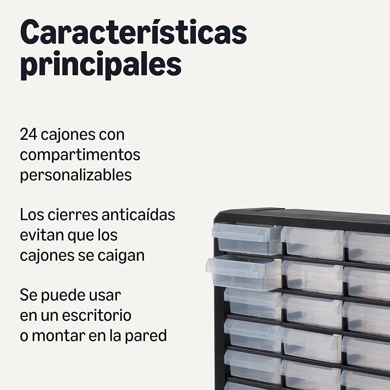 Unidade de gavetas organizadoras, 24 compartimentos de plástico com divisórias para escritório/trabalhos manuais/ferramentas, montagem de parede, 16 x 54,1 x 40,1 cm, preto