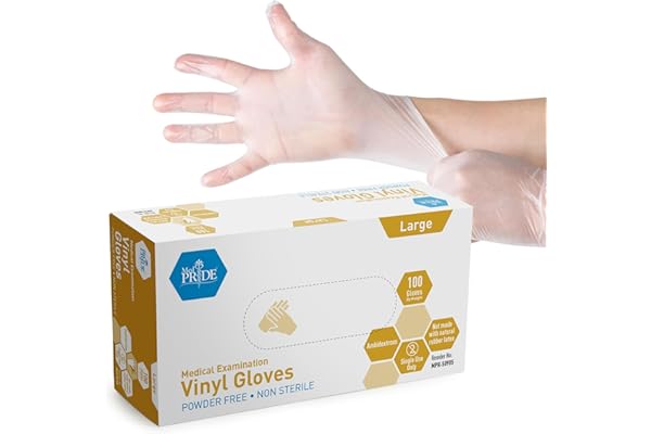 MED PRIDE Medical Vinyl Examination Gloves (Large, 100-Count) Latex & Rubber Free, Ultra-Strong, Clear Disposable Powder-Free Gloves for Healthcare & Food Handling Use
