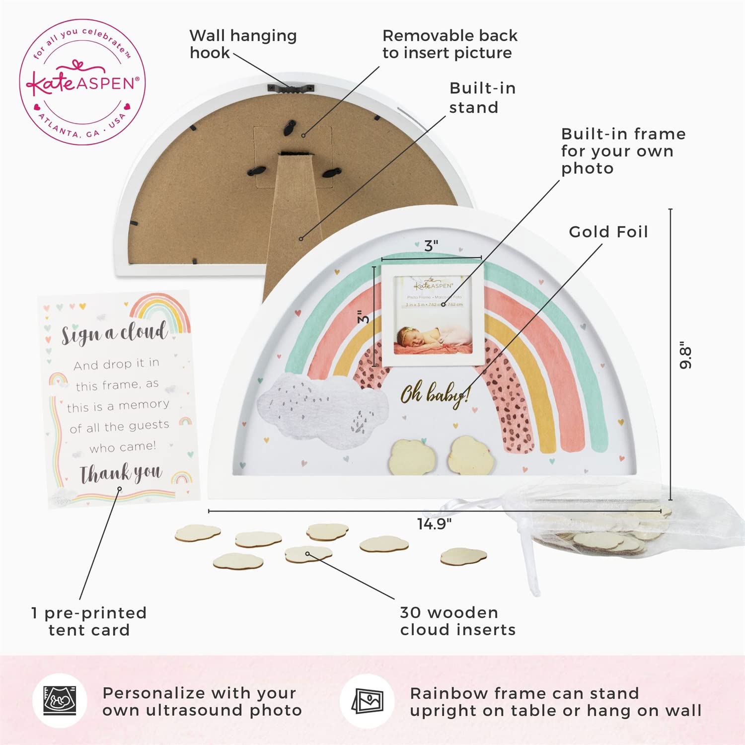 Boho Baby Shower Guest Book Alternative Rainbow Frame with 30 Wooden Clouds by Kate Aspen, Frame for Sonogram Picture, Rainbow Baby Shower Decorations & Keepsake, Nursery Decor