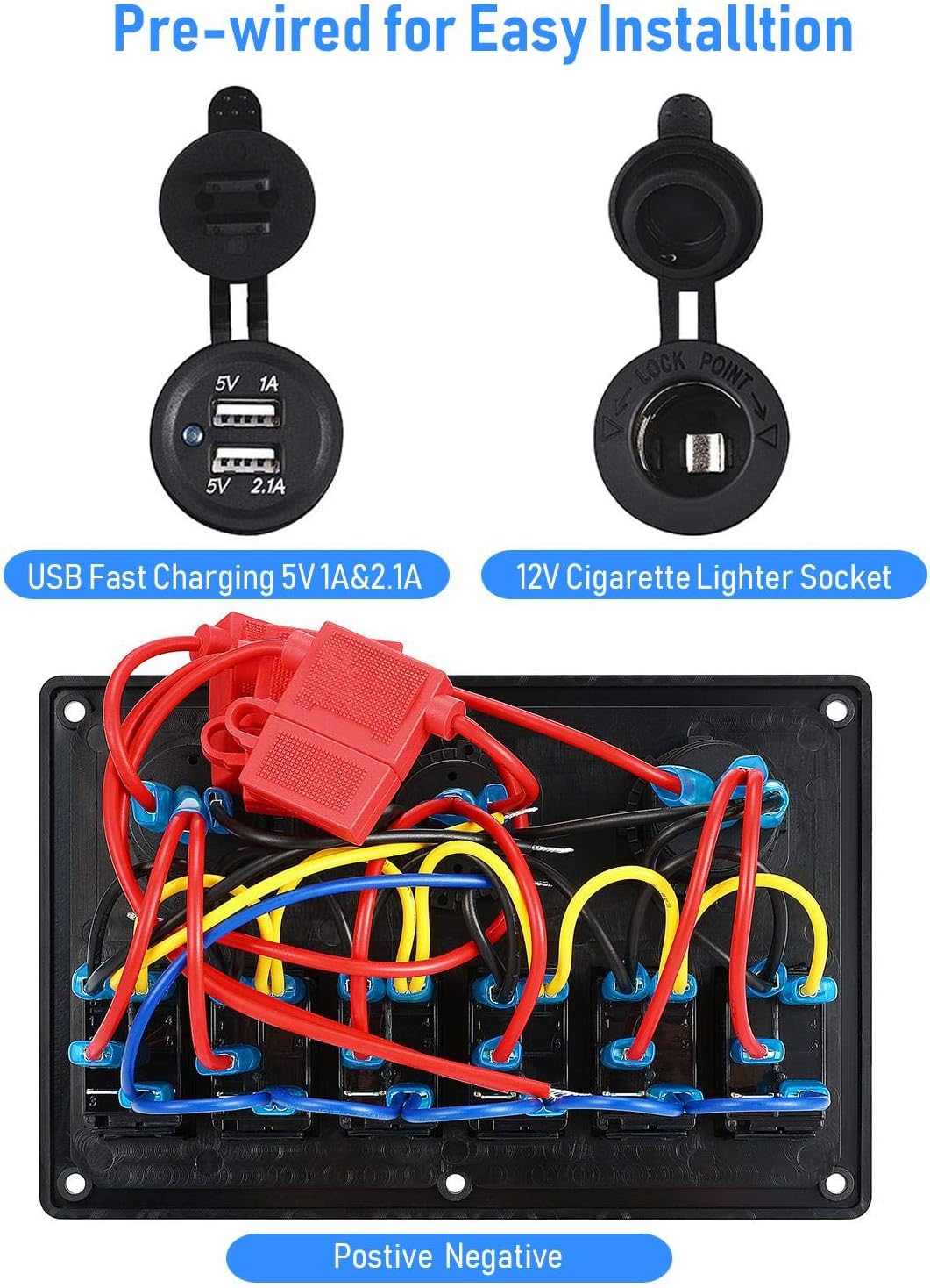 Kohree 6/8 Gang Marine Boat Rocker Switch Panel, 12V Waterproof RV Led Switch Panel for Car Truck Marine Boat, Digital Voltmeter Display Dual USB Charger Port DC 12 Volt Socket 12/24V Blue Lighted : Sports & Outdoors