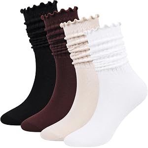 DASHUAIGE 4 Pairs Ruffle Slouchy Socks for Women,Frilly Scrunch Boot Socks | 4 neutral colors,soft cotton blend,fits US women