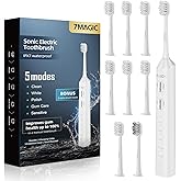 7MAGIC Sonic Electric Toothbrush, 180-Day Runtime, 42000VPM, 8 Heads, White | For Adults &amp; Kids, 5 Modes, 3 Intensities, Sensitive Teeth &amp; Braces Care, Smart Timer, IPX7 Waterproof, USB-C Charging