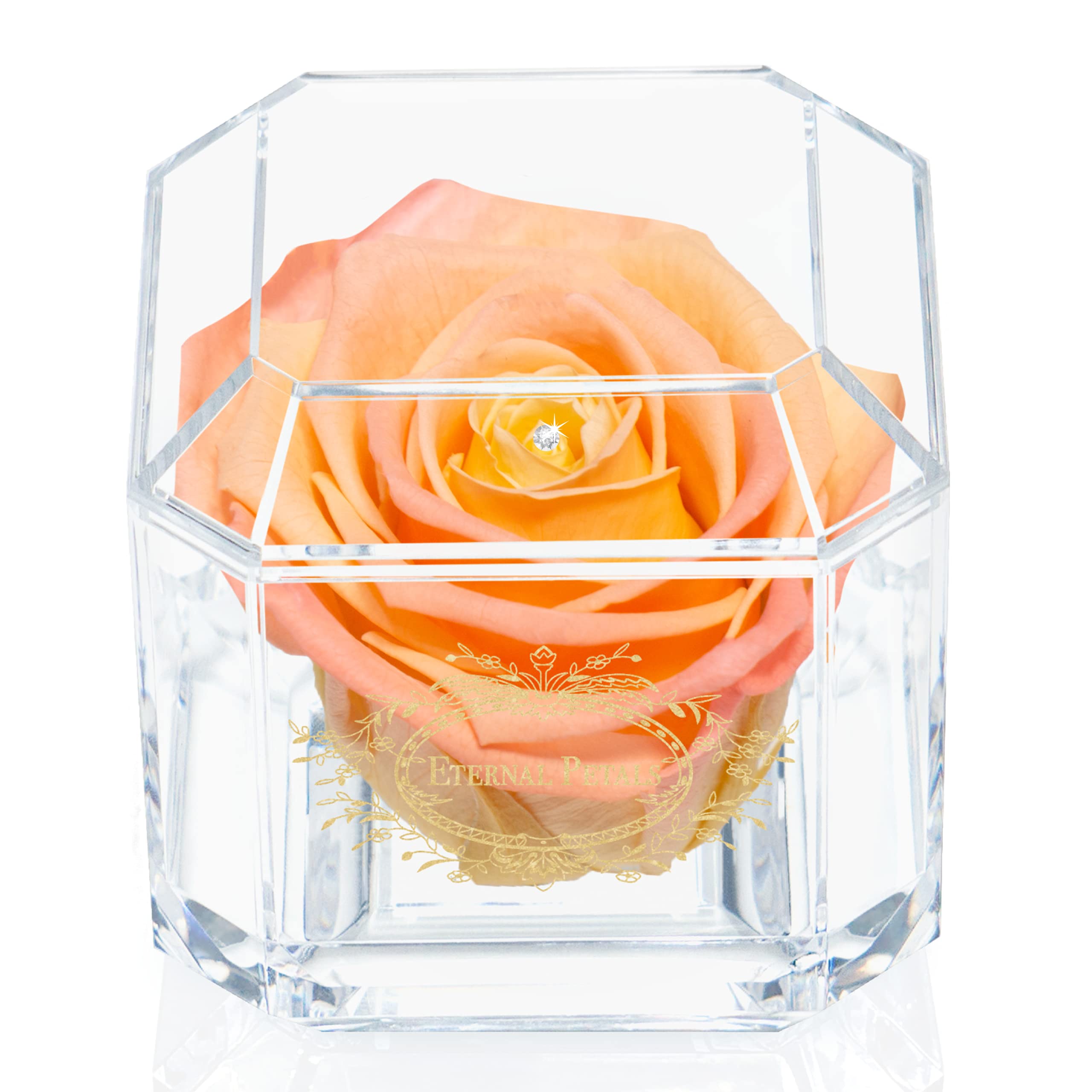 A 100% Real Rose That Lasts Years - Eternal Petals, Handmade in UK – Gold Solo with A Clear Crystal (Double Peach)