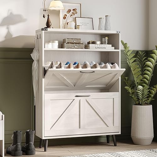 Halitaa Shoe Cabinet with Flip Drawers Open Storage,Farmhouse