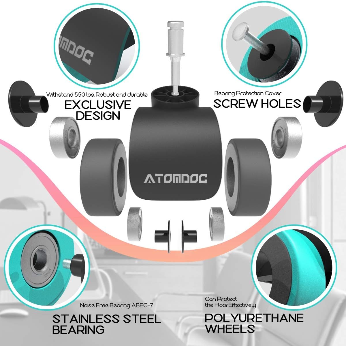 ATOMDOC Office Chair Caster Wheels, Newly Revolutionary Quadruple Ball Bearing Design,Heavy Duty & Safe Protection for All Floors Including Hardwood, Set of 5: Furniture & Decor