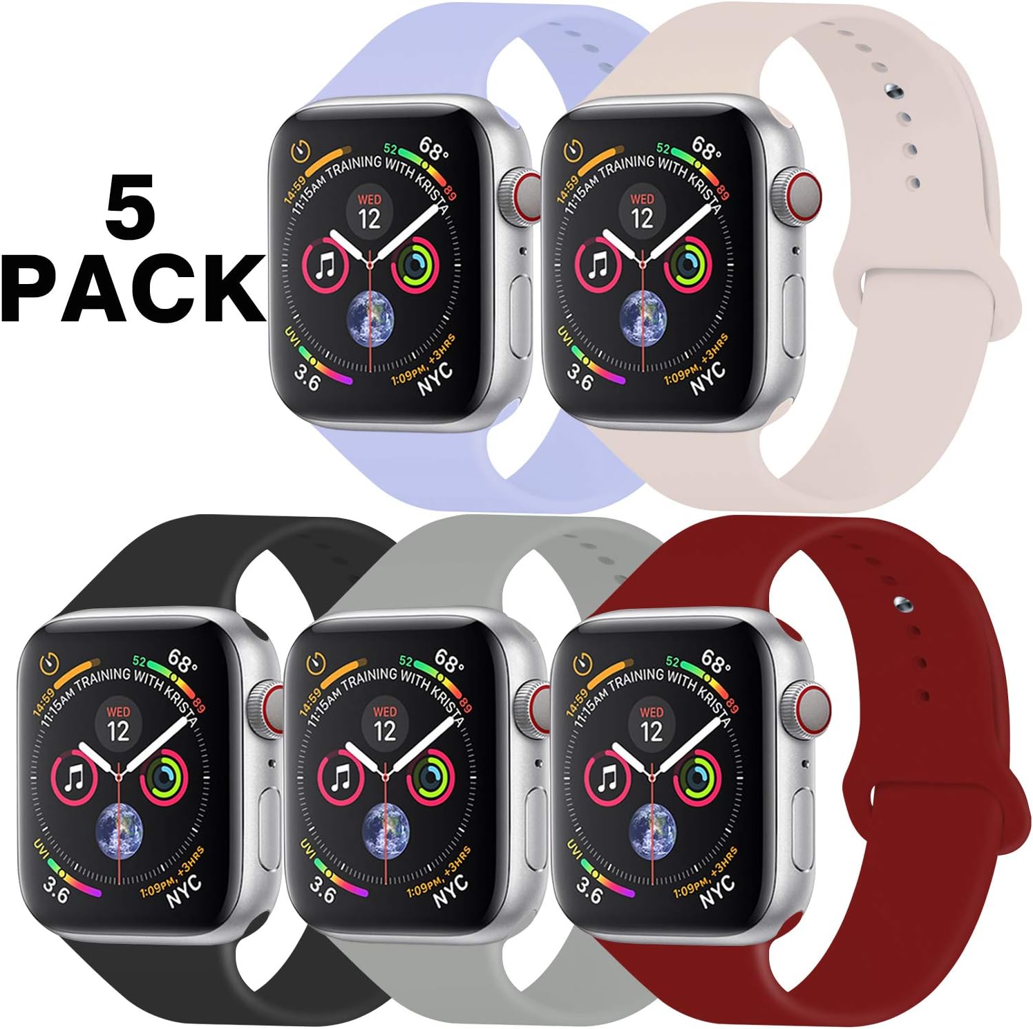 GZ GZHISY Pack 5 Sport Bands Compatible for Apple Watch Band 38mm 40mm 42mm 44mm, Soft Silicone Band Sport Strap Compatible for iWatch Series 5/4/3/2/1
