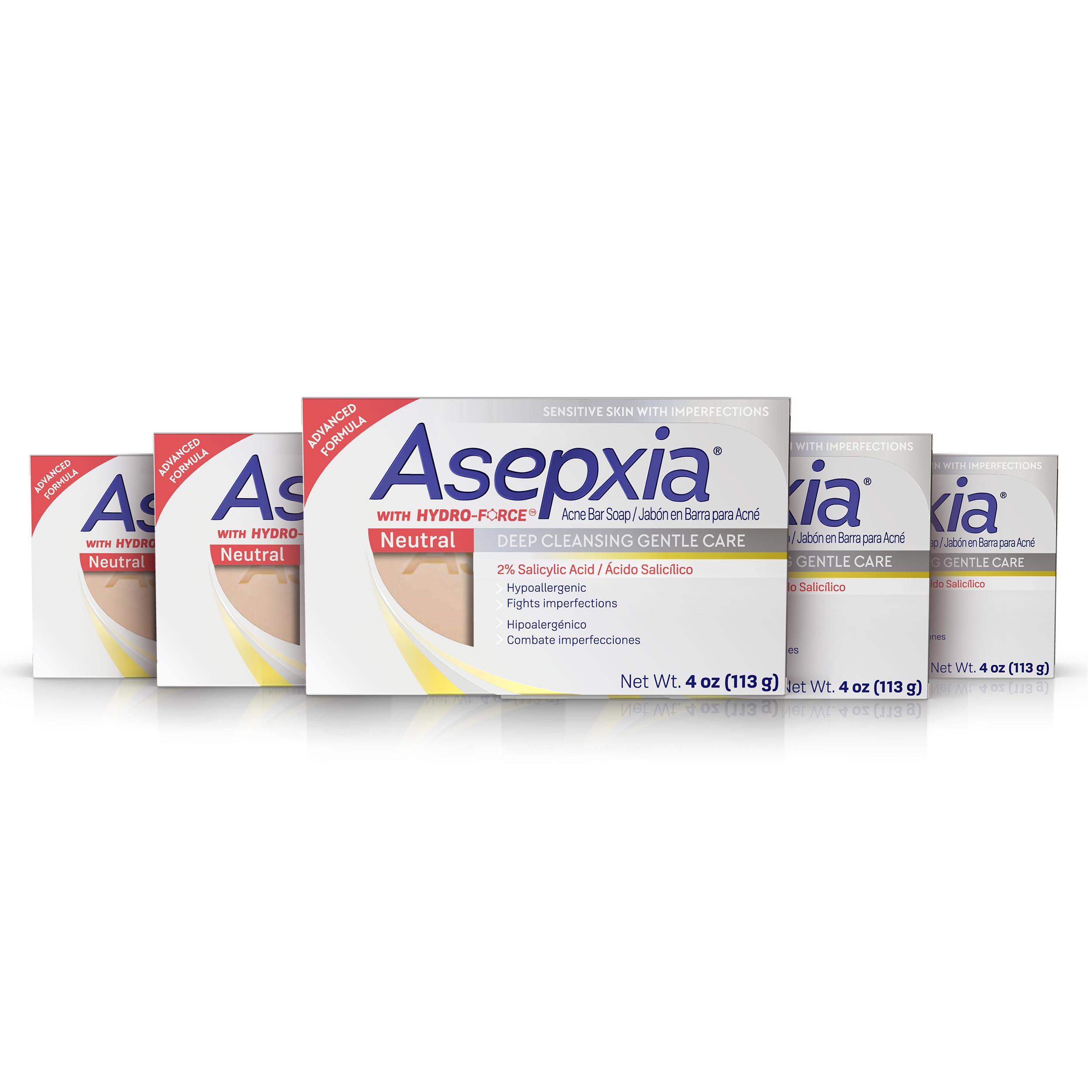 Asepxia Acne Treatment Neutral Hypoallergenic Bar Soap | 2% Salicylic Acid Cleanser, Removes Impurities & Excess Oil, Soothes Skin with Natural Botanical Extracts, Daily Use, Face Wash, 4 Oz, 5-Pack