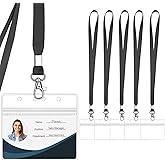 WILLIZTER Clear ID Badge Holder with Lanyard Water Proof Horizontal Display Identification Card Name Card Protector with Zipper Resealable Nametag Holder (Black - 6PCS)