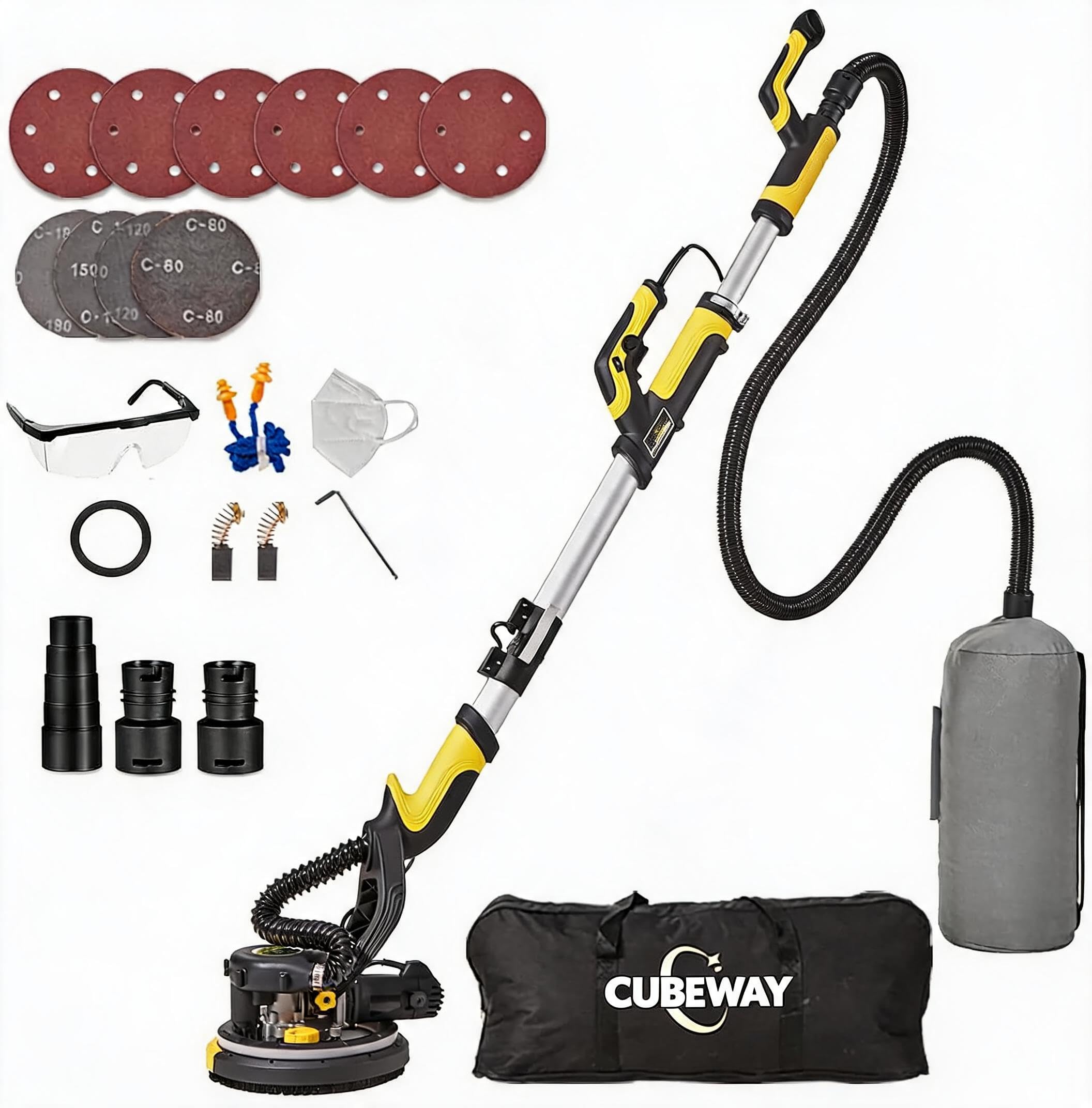 Trockenbauschleifer, 750W Wandschleifer mit Automatischem Vakuumsystem und Ø 214mm Schleifgiraffe inkl Absaugbeutel LED-Licht, 7-Gang Getriebe, 900-1800RPM Deckenschleifer, Faltbarem Griff