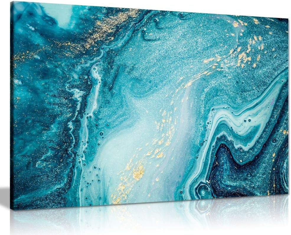 Panther Print, Canvas Wall Art, Framed Prints for Walls of Bedroom & Living Room, Teal Accessories for Home, Blue Teal Gold Marble, Print for Special Occasions (91x61cm)