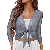 Women Crop Cardigan Sheer Mesh Bolero Shrug for Dress Tie Front 3/4 Sleeve Tops