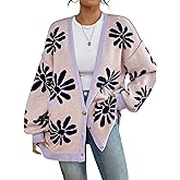 chouyatou Women's Y2K Daisy Floral Printed Oversized Cardigans Button Down Knitted Cardigan Sweaters with Pockets
