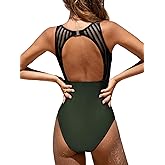 CUPSHE Women's One Piece Swimsuit Bathing Suit Tummy Control High Neck Cutout Back Hook Mesh Swimwear
