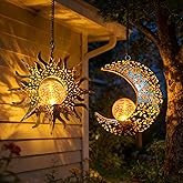 QCF Solar Hanging Sun and Moon Lights Garden Outside Decor,2 Pack Metal Lanterns Outdoor Sunflower Art Decorations for Porch Backyard Patio Wall Tree,Unique Gardening Gifts for Women Mom Grandma