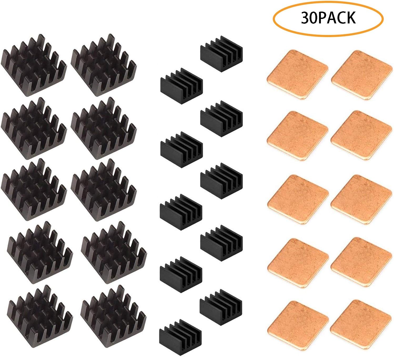 GCOA 30 PCS Raspberry Pi Heatsink Kit Aluminum + Copper Pad Shims + 3M Thermal Conductive Adhesive Tape for Cooling Cooler Raspberry Pi 3 B+, Pi 3 B, Pi 2, Pi Model B+,Black