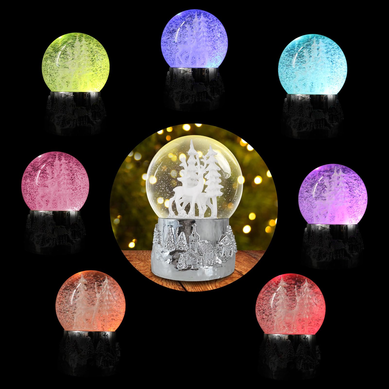 Hpoeude Winter White Deer Musical Christmas Snow Globe LED Light Up, 6.7Inch Height Water Globe, Festive Christmas Decor, Ideal Gift for Women and Adult.