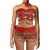 Baisdan Belly Dance Hip Scarf 2 Piece, Belly Dance Skirt Set, Dancing Coin Skirts for Women, Halloween Costume, 2Pack, Red