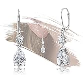 Sterling Silver Leverback Earrings for Women - Cubic Zirconia Round Waterdrop Dangle Earrings Lightweight Hypoallergenic Nickel Free Sparkle Halo CZ Teardrop Dangling Earring Classic Jewelry Gifts