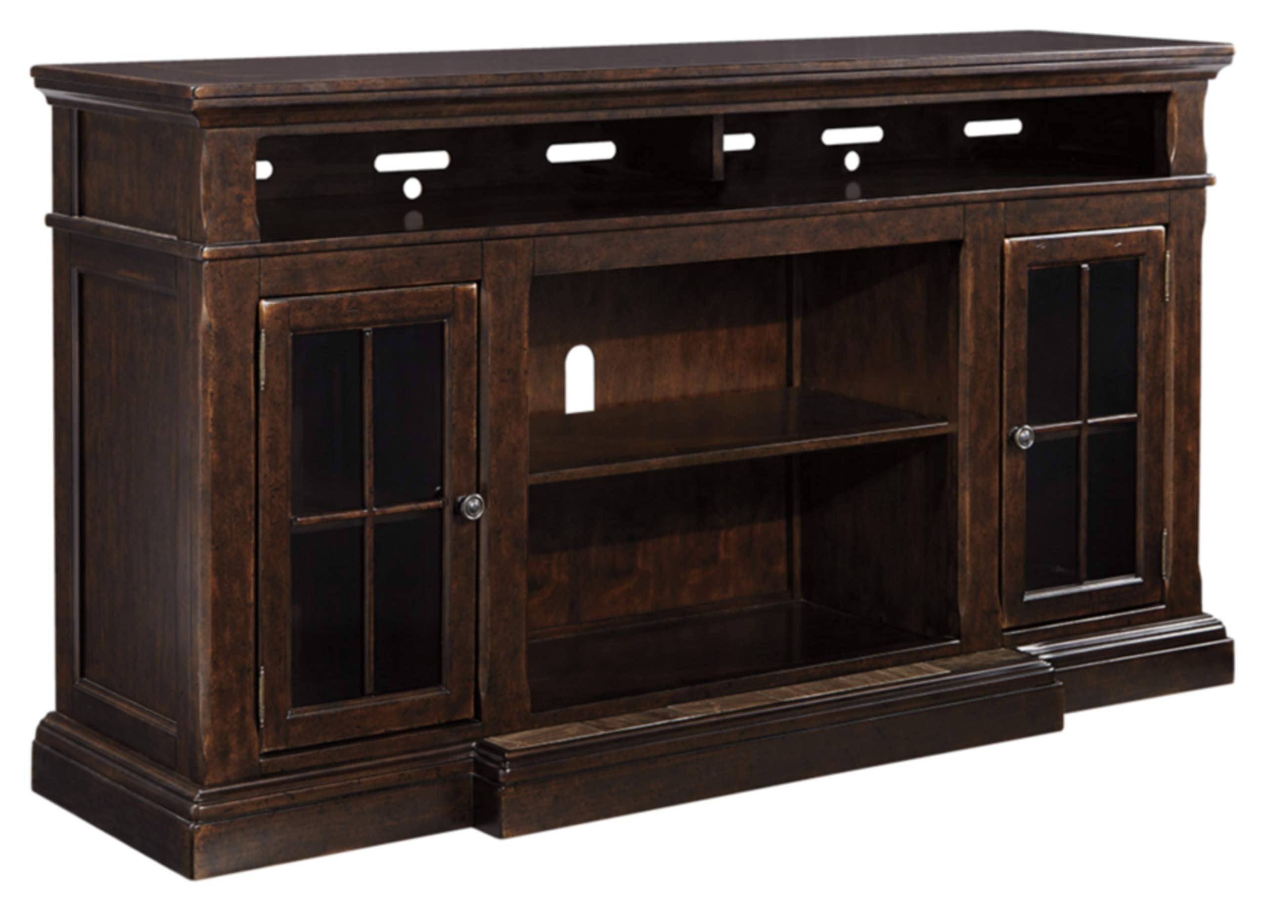 Photo 1 of FOR PARTS***** MAJOR DAMAGE TO ITEM************ Signature Design by Ashley Roddinton Traditional TV Stand With Fireplace Option Fits TVs up to 70", 2 Cabinets and Storage Shelves, Dark Brown