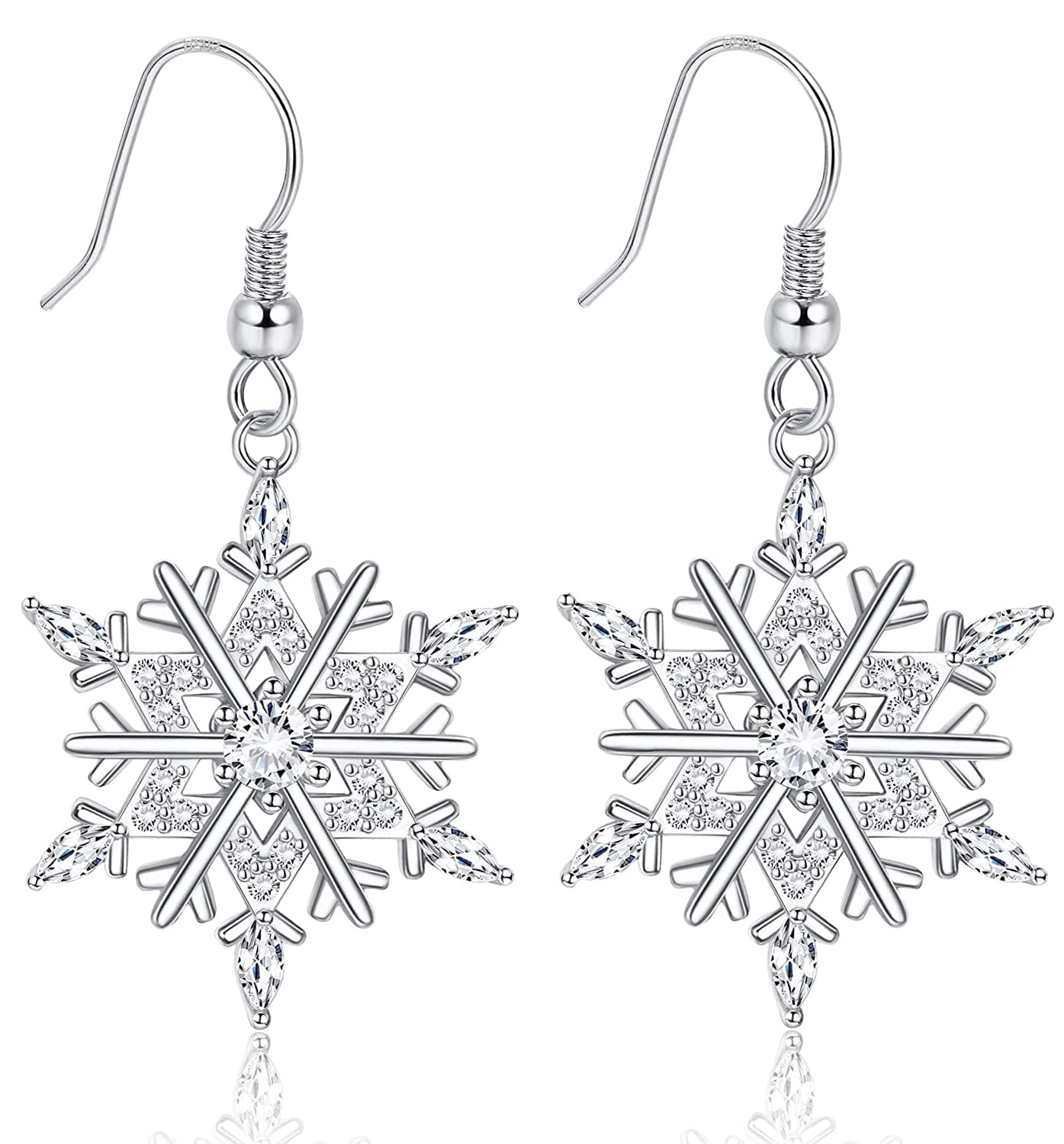 ADRAMATA 925 Sterling Silver Snowflake Dangle Earrings for Women 18K White Gold Plated Drop Earrings High Polished Silver Drop Earrings Jewelry Snowflake Christmas Earrings for Women, With Gife Box