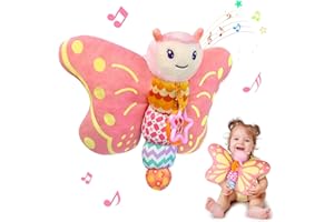 Baby Toys 0-6 Months,Infant Musical Sensory Stuffed Animal with Squeaker,Rattle,Crinkle Wings,Teether & Hanging Ring,Tummy Ti