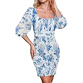 ABMOIU Women's Square Neck Dress Lantern Sleeve Tie Back Off Shoulder Party Club Bodycon Mini Dresses