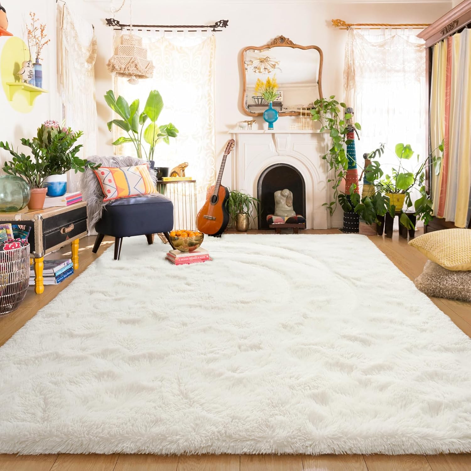 Aspire Homeware Fluffy Bedroom Rug – Cream Lounge Area Rugs 120x170 cm for Living Room Large Plush Carpet Modern Soft Shaggy Pile Faux Fur Rug for Home — image 1