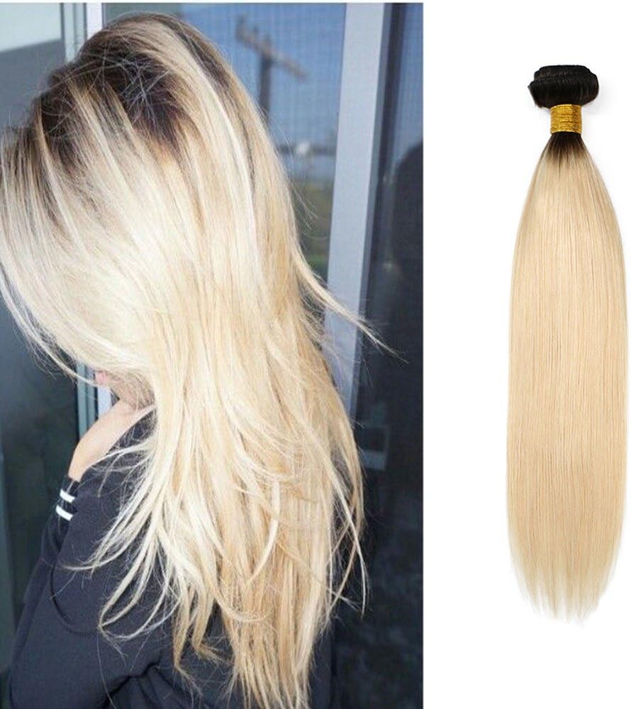 Mila Human Hair Platinum Blonde Dark Root Ombre 1B/613# Bundles Straight Brazilian Virgin Hair 7A Real Human Hair Weft Weaving Extensions 100gram/Bundle 10inch