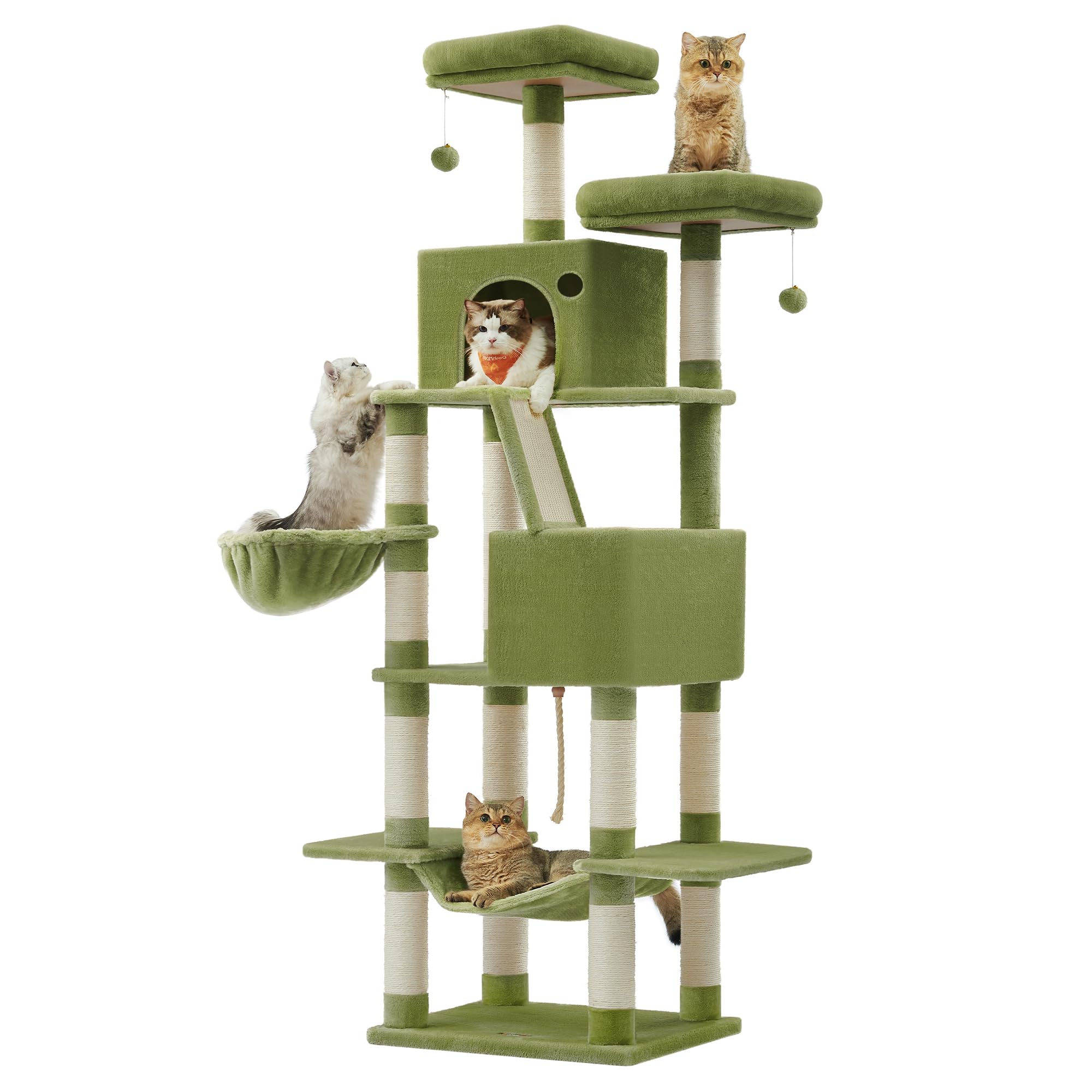 Feandrea Cat Tree, 81.1-Inch Large Cat Tower, Multi-Level Plush Condo with 13 Scratching Posts, 2 Perches, 2 Caves, Basket, Hammock, Pompoms, Green UPCT190C01 Image