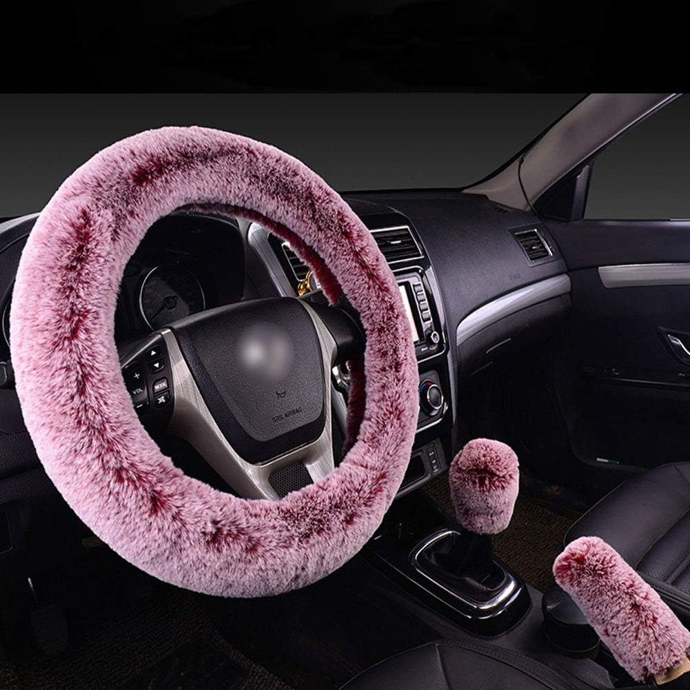 SHIAWASENA Warm Faux Wool Steering Wheel Cover with Handbrake Cover & Gear Shift Cover 3 Pcs Set (Red&Gray)