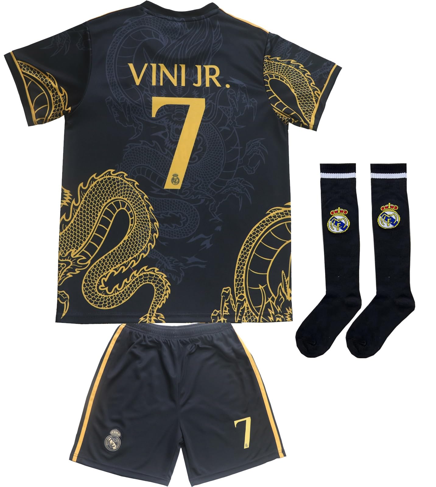 Vini Jr. #7 Real Madrid White Dragon Edition Kids Soccer Kit - Jersey, Shorts & Socks Set (White, Youth Size 8-9)