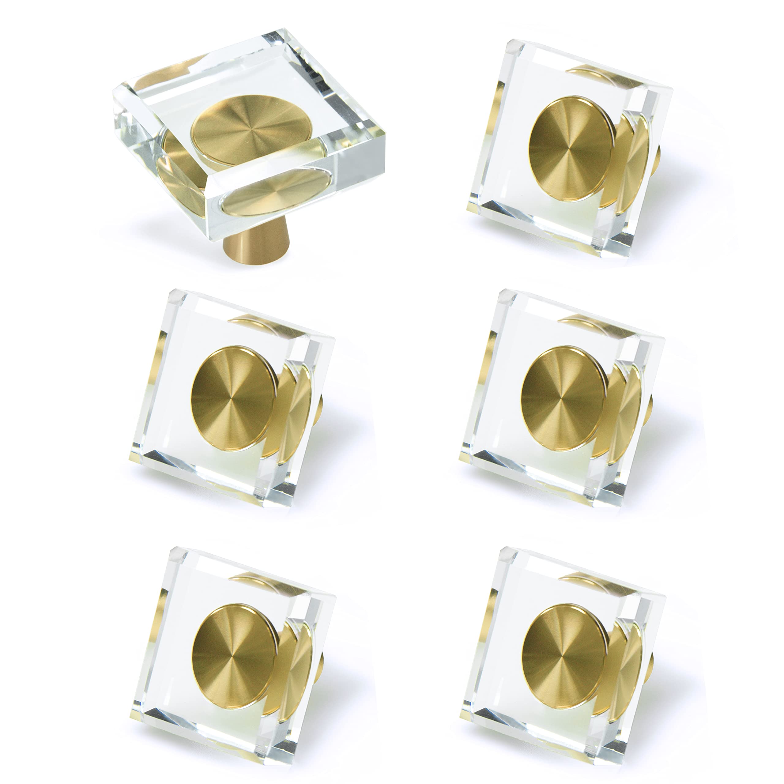 JEREVER 6 Pack Glass Crystal Knobs Brass Drawer Pull Cabinet Handle Gold Furniture Hardware for Dresser Kitchen (Square)