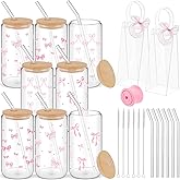 Mumufy 8 Sets Coquette Bow Glass Cups with Clear Gift Bag 16 oz Reusable Pink Iced Coffee Mugs Aesthetic Cute Tumbler with Lids and Straws, Gifts for Girls Women Bridesmaid